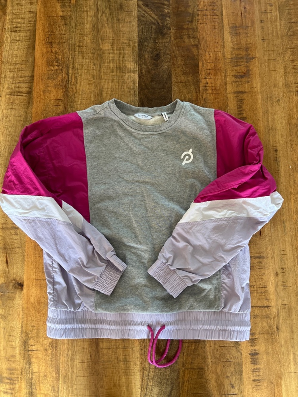 Peloton Gray Pullover with Magenta and Lavender Colorblock Sleeves